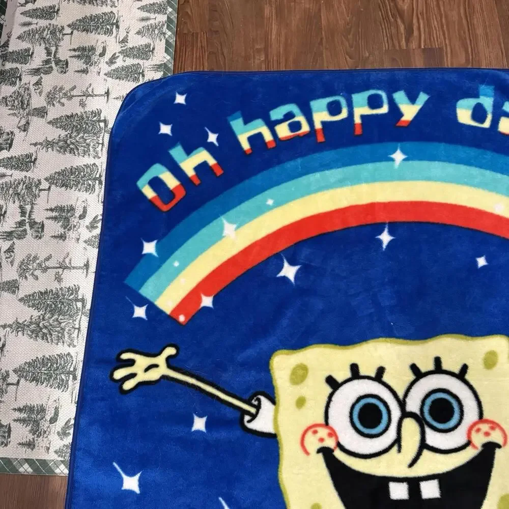 Vintage 90s/00s RARE Oh Happy Day Rainbow SpongeBob Fleece Graphic Blanket 60x50